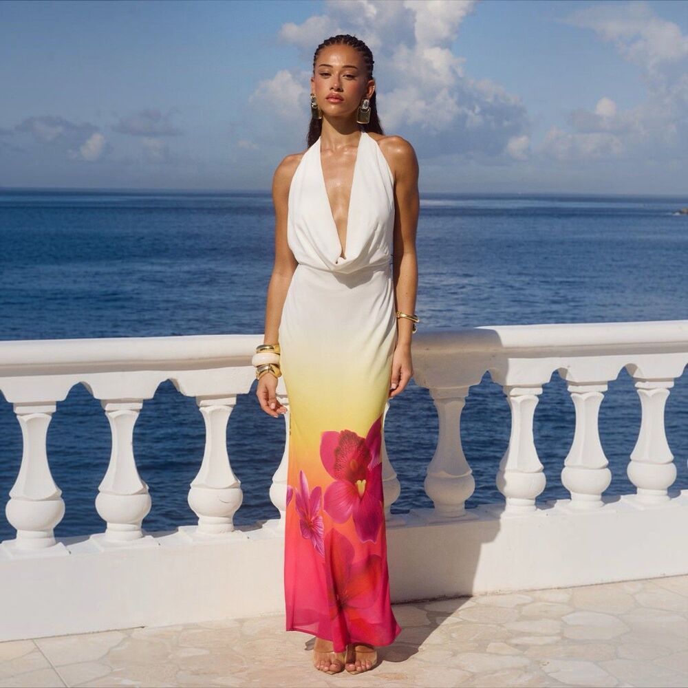 Runaway The Label Jasmina Maxi Dress S Tropical Ombre Floral Cocktail Attire New